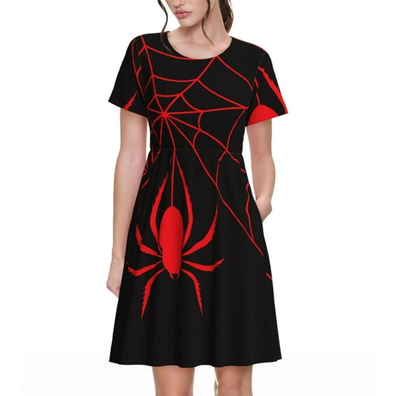 Picia Red Spider Pattern Women's Short Sleeve Summer Dress Pleated Loose Swing Knee Length Short Sleeve Swing Dresses