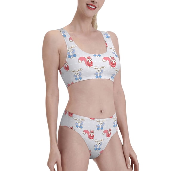 Picia Red Squirrel And Blue Rabbit Women's High Waisted Bikini Scoop Neck Swimsuit Two Pieces Bathing Suit-