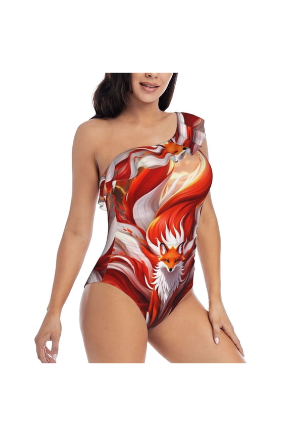 Red Sun Flame Fox Pattern Women's One Piece Swimsuits,One Shoulder Swimwear Asymmetric ,Ruffle Monokinis Bathing Suits,High Waisted Flattering Bathing Suits-Medium