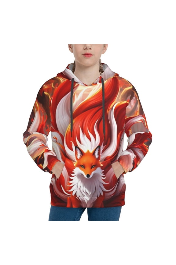 Red Sun Flame Fox Pattern Youth Hoodie - Warm Pullover Sweatshirt with Kangaroo Pocket, Ideal for Boys and Girls-Small