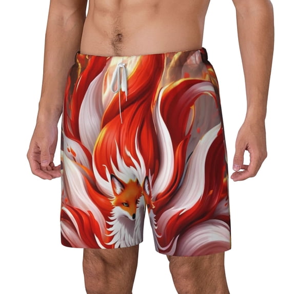 Picia Red Sun Flame Fox pattern Mens Swim Trunks with Compression Liner Stretch Beach Shorts Quick Dry with Zipper Pockets No-Chafing Board Shorts-Large