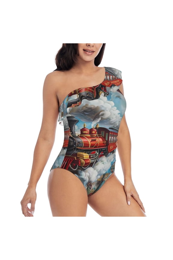 Red Train Hot Air Balloon Pattern Women's One Piece Swimsuits,One Shoulder Swimwear Asymmetric ,Ruffle Monokinis Bathing Suits,High Waisted Flattering Bathing Suits-XX-Large