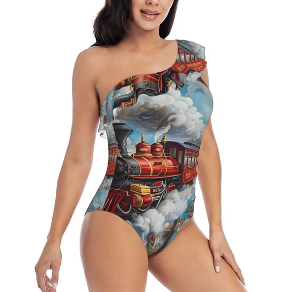 Picia Red Train Hot Air Balloon Pattern Women's One Piece Swimsuits,One Shoulder Swimwear Asymmetric ,Ruffle Monokinis Bathing Suits,High Waisted Flattering Bathing Suits-Medium