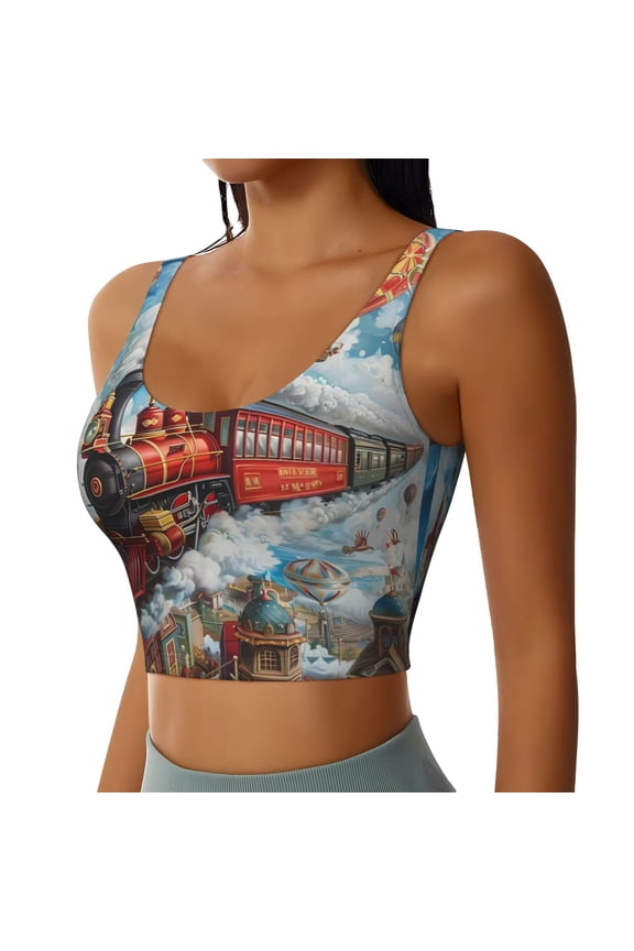 Red Train Hot Air Balloon Sports Bra for Women,Padded Strappy Sports Bras Medium Support Yoga Bra with Removable Cups,Running Yoga Bra-Medium