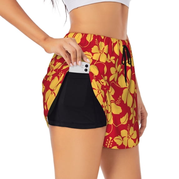 Picia Red Vintage Flowers Pattern Women's 2 in 1 Athletic Running Shorts High Waisted Workout Casual Gym Sweat Shorts with Comfy Liner Zipper Pockets-X-Large