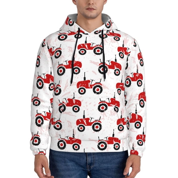 Picia Red Wheeled Tractors Pattern Casual Men's Hoodie - Lightweight Hooded Sweatshirt with Kangaroo Pocket, Comfortable Pullover for Everyday, Travel-Large