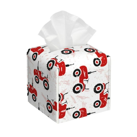 Picia Red Wheeled Tractors Pattern Tissue Box Cover,PVC Leather Square Holder,Tissue Box Holder with Magnetic Bottom,Facial Paper Organizer Dispenser-5.2"X5.2"X5.2"