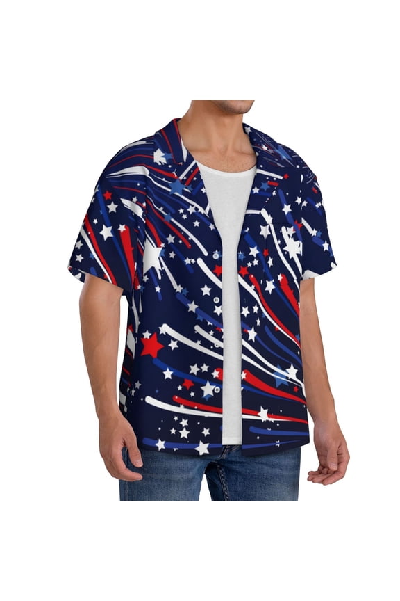 Red White Blue Fireworks 1 Men's Linen Shirts Short Sleeve Cuban Beach Shirts Casual Shirts Button Down Shirt for Men Beach Summer Wedding Shirt-4X-Large