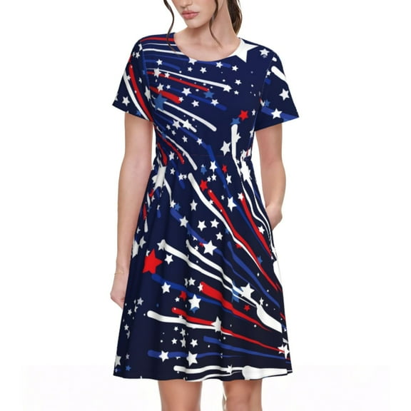 Picia Red White Blue Fireworks 1 Pattern Women's Short Sleeve Summer Dress Pleated Loose Swing Knee Length Short Sleeve Swing Dresses