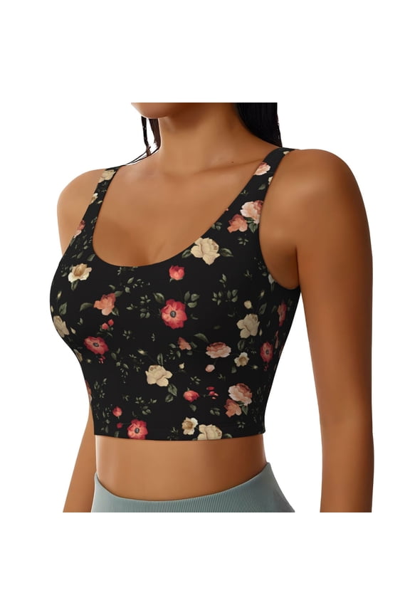 Red White Flowers Sports Bra for Women,Padded Strappy Sports Bras Medium Support Yoga Bra with Removable Cups,Running Yoga Bra-Small