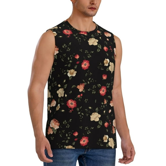 Picia Red White Flowers mens Cotton Tank Undershirts , Moisture-wicking Ribbed Tanks, Lightweight Cotton Tank Undershirts-Medium
