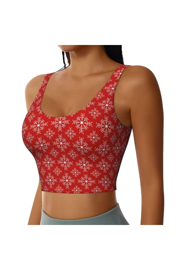Red White Snowflakes Sports Bra for Women,Padded Strappy Sports Bras Medium Support Yoga Bra with Removable Cups,Running Yoga Bra-Small