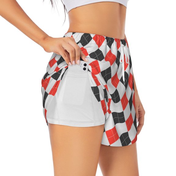 Picia Red and black argyle Pattern Women's 2 in 1 Athletic Running Shorts High Waisted Workout Casual Gym Sweat Shorts with Comfy Liner Zipper Pockets-Small
