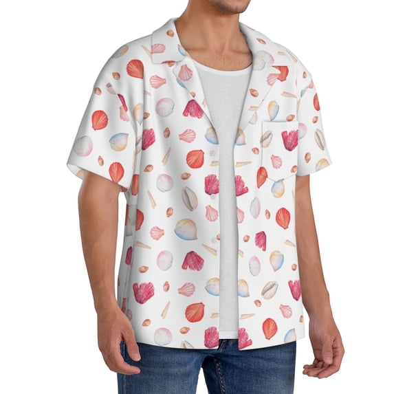 Picia Red coral and scallop seashell Men's Linen Shirts Short Sleeve Cuban Beach Shirts Casual Shirts Button Down Shirt for Men Beach Summer Wedding Shirt-Small