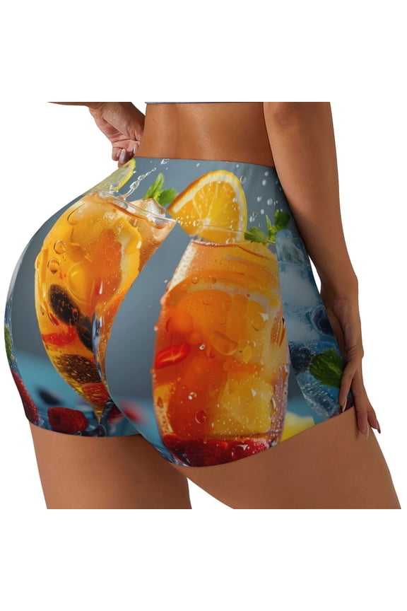 Refreshing Fruit Infused Drinks Printed Workout Shorts for Women Seamless Scrunch Butt Lifting High Waisted Yoga Gym Booty Running Moisture-wicking Short Pants-Large