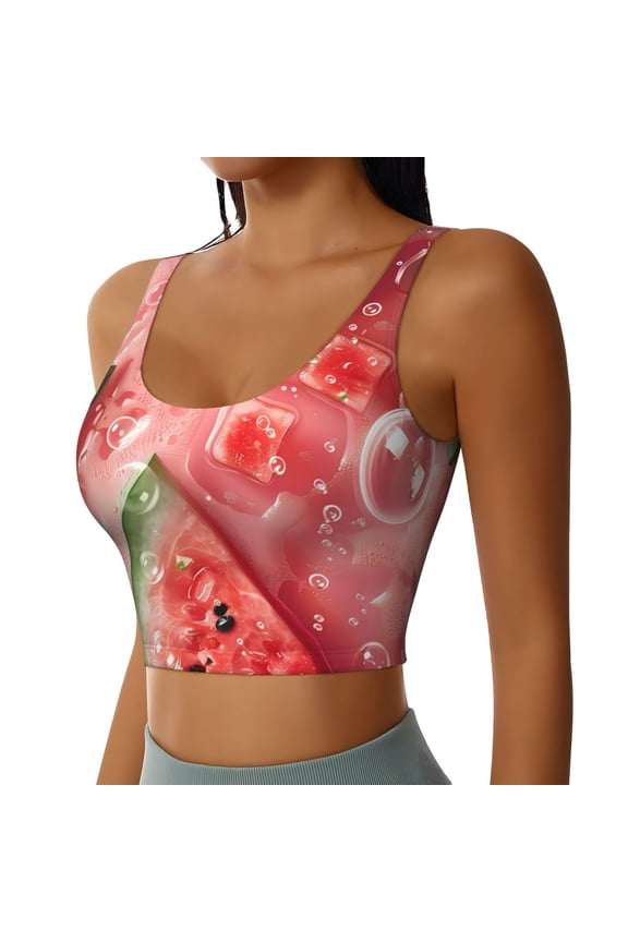 Refreshing Watermelon Slices Sports Bra for Women,Padded Strappy Sports Bras Medium Support Yoga Bra with Removable Cups,Running Yoga Bra-Medium