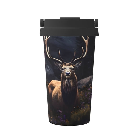 Picia Regal Stag In Forest Pattern 500ml Carry Insulated Coffee Mug, Stainless Steel Travel Mug with Hidden Handle, Leak-Proof for Car, Office, Home, and Outdoor Use