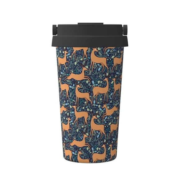 Picia Reindeer Pattern 500ml Carry Insulated Coffee Mug, Stainless Steel Travel Mug with Hidden Handle, Leak-Proof for Car, Office, Home, and Outdoor Use
