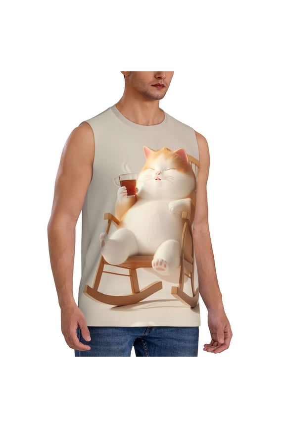 Relaxing Cat With Tea mens Cotton Tank Undershirts , Moisture-wicking Ribbed Tanks, Lightweight Cotton Tank Undershirts-X-Large