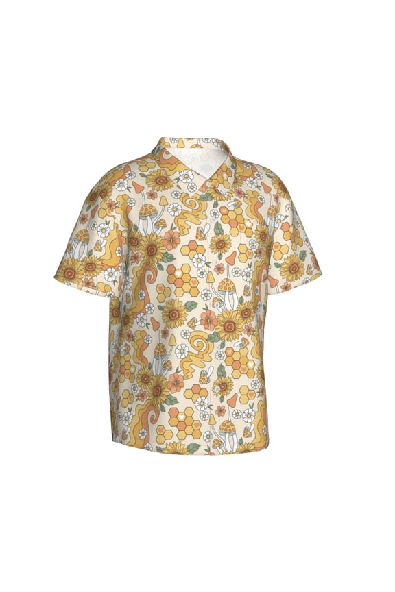 Retro 70s 60s Flower Gentle Cotton Regular Fit Short Sleeve Casual Hawaiian Shirt for Men-Large