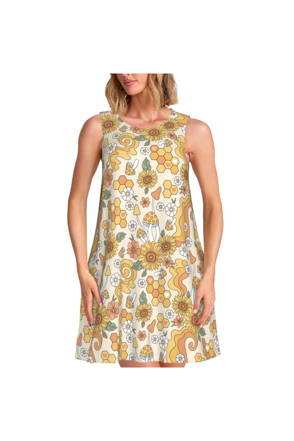 Retro 70s 60s Flower Print Women’s Sleeveless Midi Swing Dress – A-Line Pleated Tank Sundress, Comfortable and Flowy T-Shirt Dress