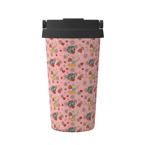 Picia Retro 70s 60s Hippie Flower Pattern 500ml Carry Insulated Coffee Mug, Stainless Steel Travel Mug with Hidden Handle, Leak-Proof for Car, Office, Home, and Outdoor Use