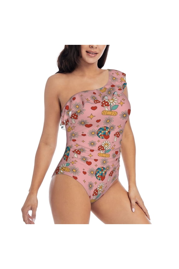 Retro 70s 60s Hippie Flower Pattern Women's One Piece Swimsuits,One Shoulder Swimwear Asymmetric ,Ruffle Monokinis Bathing Suits,High Waisted Flattering Bathing Suits-Small