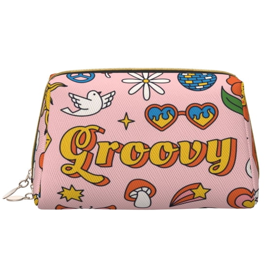 Picia Retro 70s Hippie Print Leather Makeup Bag Make Up Bag Travel Toiletry Bag for Her Girlfriend Teacher Teen Girl Gifts