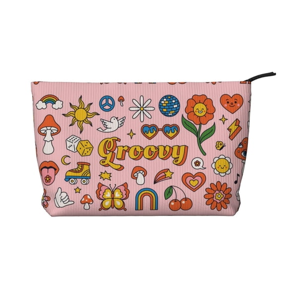 Picia Retro 70s Hippie Printed Cosmetic Bags for Women Makeup Bag Large Capacity Purse Travel Toiletry Zipper Storage Pouch Make up Brushes Organizer for Gifts