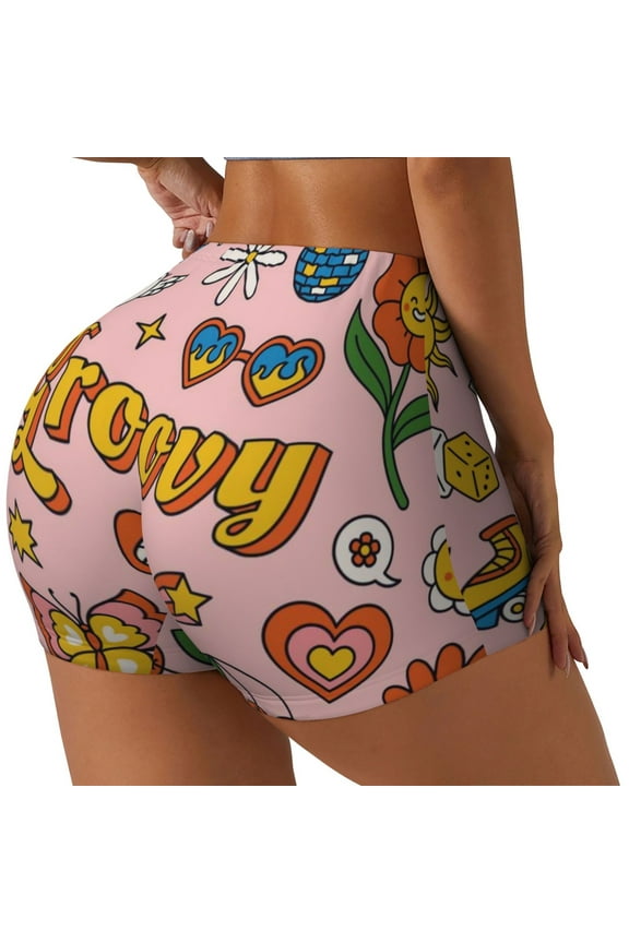 Retro 70s Hippie Printed Workout Shorts for Women Seamless Scrunch Butt Lifting High Waisted Yoga Gym Booty Running Moisture-wicking Short Pants-Large