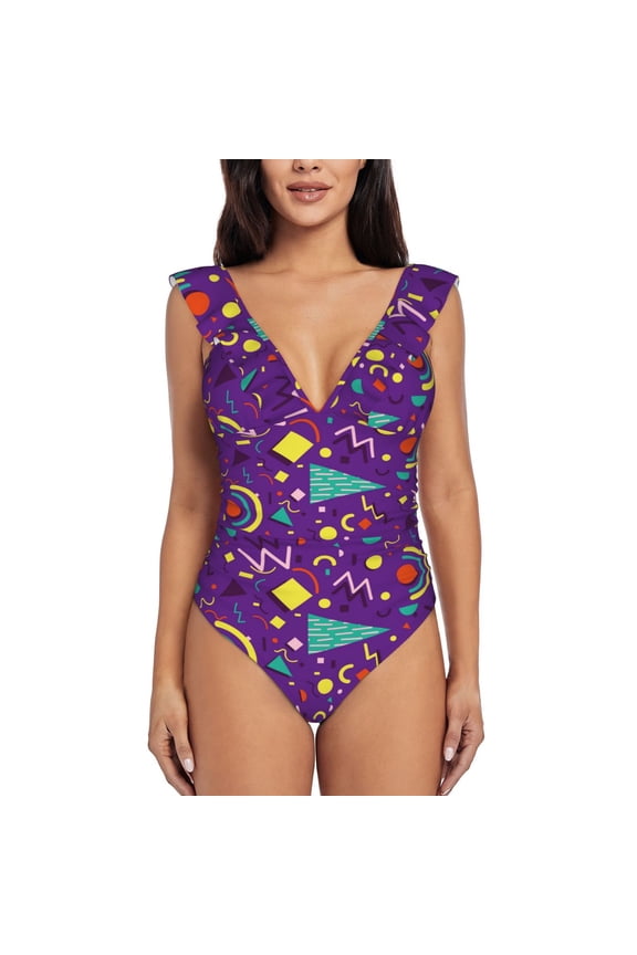 Retro 80s Style Blooming Jelly Womens Tummy Control Bathing Suits Slimming Ruffle Swimsuit One Piece Lace Swimwear-