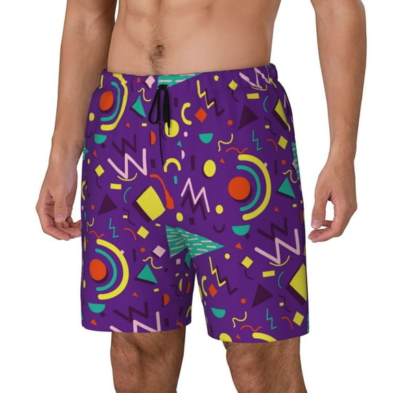 Picia Retro 80s Style pattern Mens Swim Trunks with Compression Liner Stretch Beach Shorts Quick Dry with Zipper Pockets No-Chafing Board Shorts-Small