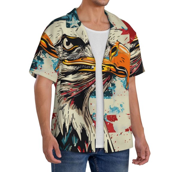 Picia Retro American Eagle Men's Linen Shirts Short Sleeve Cuban Beach Shirts Casual Shirts Button Down Shirt for Men Beach Summer Wedding Shirt-Large