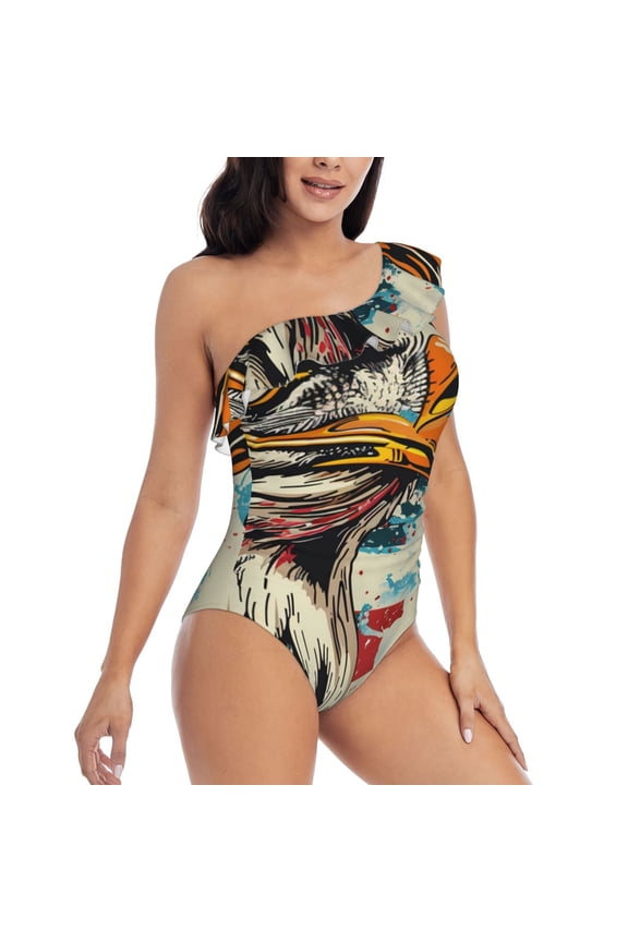 Retro American Eagle Pattern Women's One Piece Swimsuits,One Shoulder Swimwear Asymmetric ,Ruffle Monokinis Bathing Suits,High Waisted Flattering Bathing Suits-Small