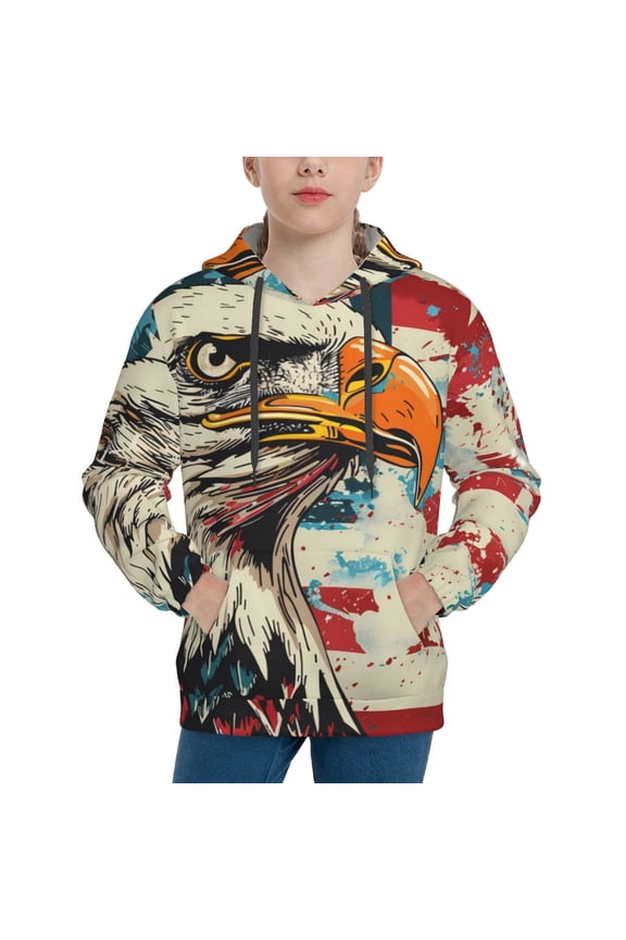 Retro American Eagle Pattern Youth Hoodie - Warm Pullover Sweatshirt with Kangaroo Pocket, Ideal for Boys and Girls-Large