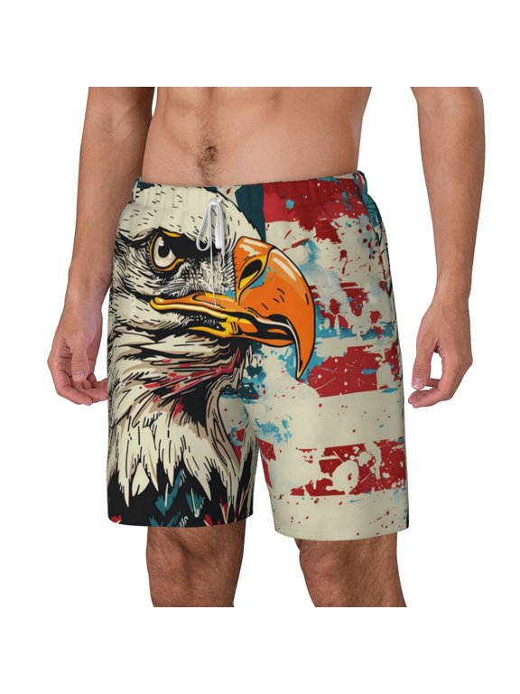Retro American Eagle pattern Mens Swim Trunks with Compression Liner Stretch Beach Shorts Quick Dry with Zipper Pockets No-Chafing Board Shorts-Small