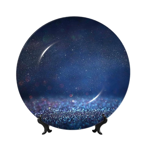Picia Retro Blue Glitter Pattern Bone China Decorative Plate – Wall Decor with Stand and Adhesive, Elegant Ornament for Living Room, Office, or Entryway-8in