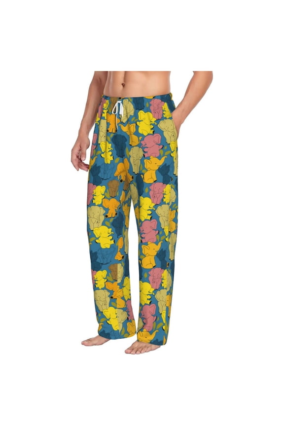 Retro Boho Elephants Mens Soft Woven Cotton Elastic Waistband Sleep Pajama Pant Lounge Sleep Pant With Pockets And Drawstring-Medium