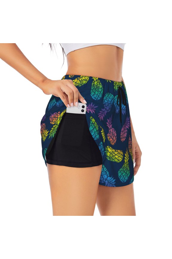 Retro Bright Pineapple Pattern Women's 2 in 1 Athletic Running Shorts High Waisted Workout Casual Gym Sweat Shorts with Comfy Liner Zipper Pockets-Large