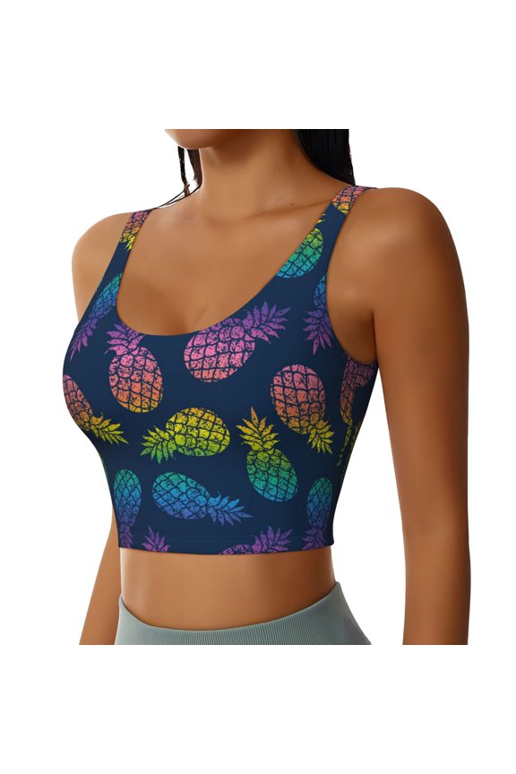 Retro Bright Pineapple Sports Bra for Women,Padded Strappy Sports Bras Medium Support Yoga Bra with Removable Cups,Running Yoga Bra-