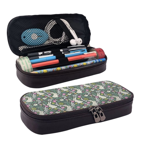 Picia Retro Bunny Floral Pattern Large Capacity PU Leather Pencil Case Organizer Pen Marker Holder Double Zipper Storage Bag Big Pencil Pouch for College Office