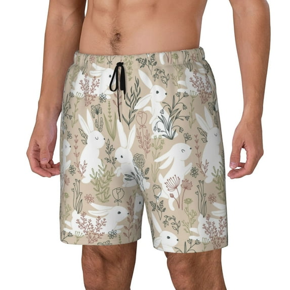 Picia Retro Bunny Flower pattern Mens Swim Trunks with Compression Liner Stretch Beach Shorts Quick Dry with Zipper Pockets No-Chafing Board Shorts-3X-Large
