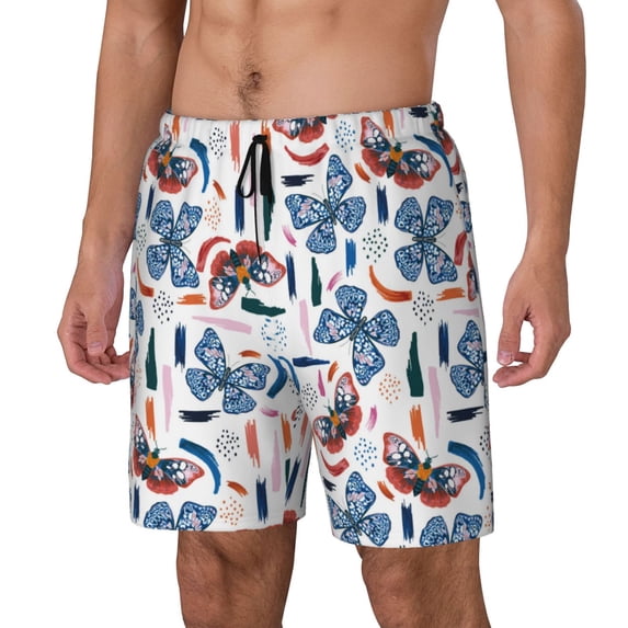 Picia Retro Butterfly pattern Mens Swim Trunks with Compression Liner Stretch Beach Shorts Quick Dry with Zipper Pockets No-Chafing Board Shorts-Large