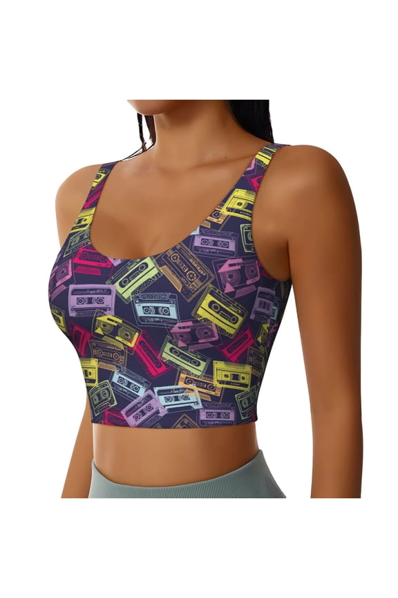 Retro Cassette Music Sports Bra for Women,Padded Strappy Sports Bras Medium Support Yoga Bra with Removable Cups,Running Yoga Bra-Small