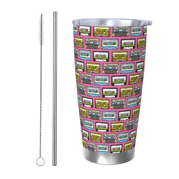 Picia Retro Cassette Pattern 20 oz Tumbler Stainless Steel Vacuum Insulated Coffee Ice Cup Double Wall Travel Flask Dual Lid Water Bottle, Eco-friendly Car Cup