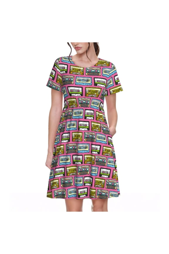 Retro Cassette Pattern Women's Short Sleeve Summer Dress Pleated Loose Swing Knee Length Short Sleeve Swing Dresses
