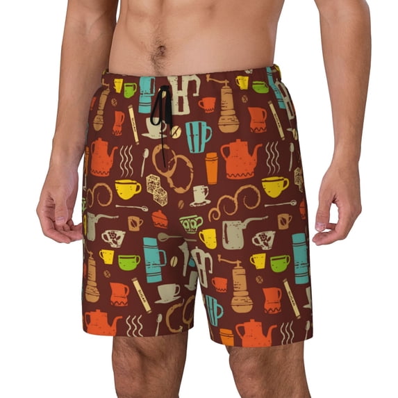 Picia Retro Coffee pattern Mens Swim Trunks with Compression Liner Stretch Beach Shorts Quick Dry with Zipper Pockets No-Chafing Board Shorts-Large