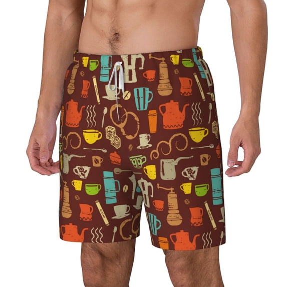 Picia Retro Coffee pattern Mens Swim Trunks with Compression Liner Stretch Beach Shorts Quick Dry with Zipper Pockets No-Chafing Board Shorts-Medium