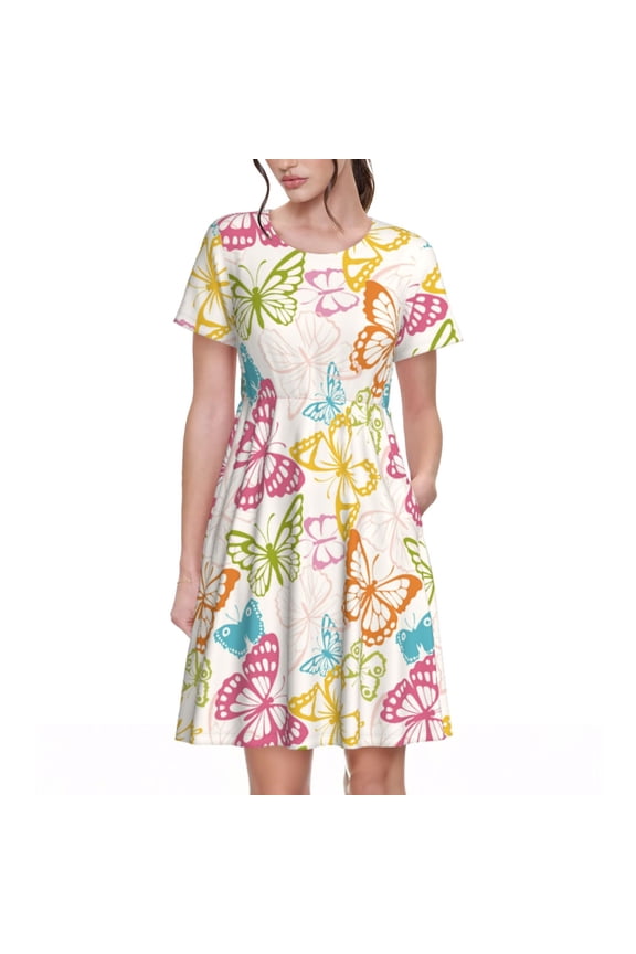 Retro Colorful Butterfly Pattern Women's Short Sleeve Summer Dress Pleated Loose Swing Knee Length Short Sleeve Swing Dresses