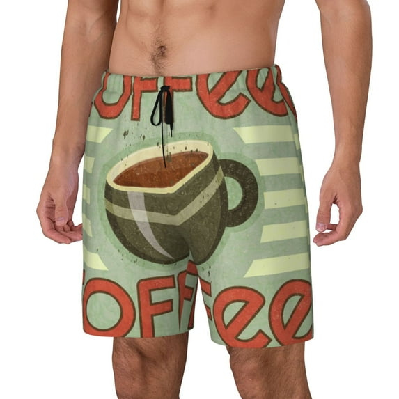 Picia Retro Cover For Coffee pattern Mens Swim Trunks with Compression Liner Stretch Beach Shorts Quick Dry with Zipper Pockets No-Chafing Board Shorts-Medium